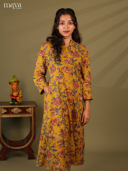 Floral Printed Mustard Cotton Kurti - Shop on Shrus.com