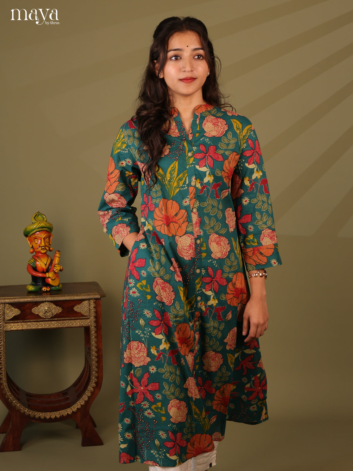 Floral Printed Green Cotton Kurti - Shop on Shrus.com