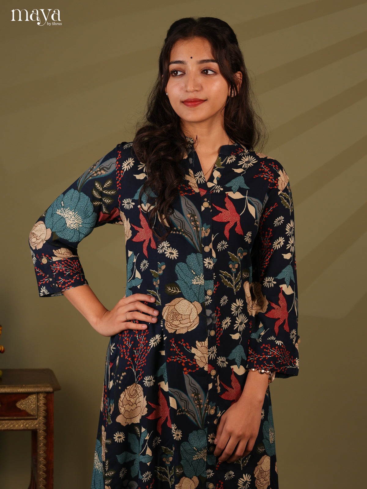 Floral Printed Blue Rayon Kurti - Shop on Shrus.com