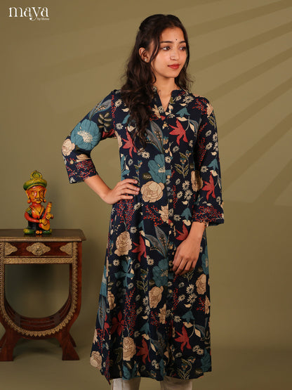 Floral Printed Blue Rayon Kurti - Shop on Shrus.com