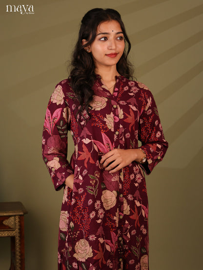 Floral Printed Wine Rayon Kurti - Shop on Shrus.com