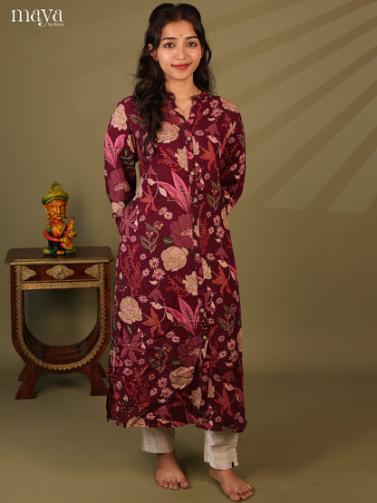 Floral Printed Wine Rayon Kurti - Shop on Shrus.com