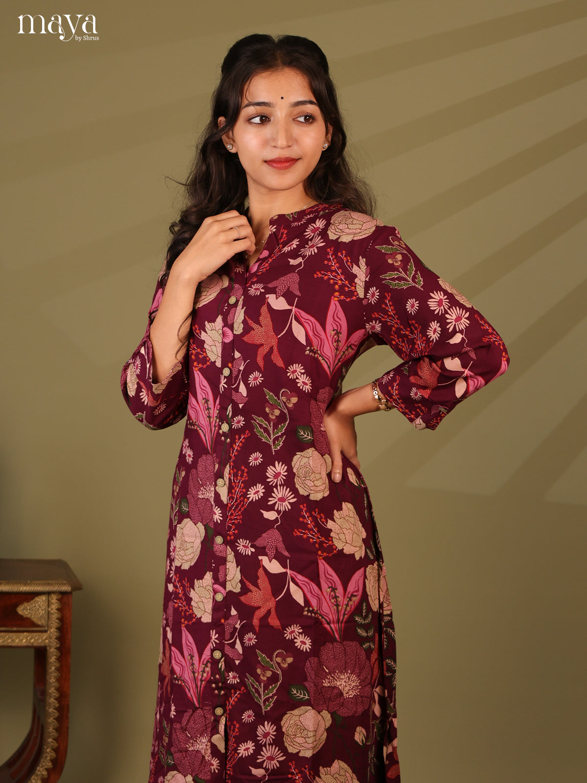 Floral Printed Wine Rayon Kurti - Shop on Shrus.com