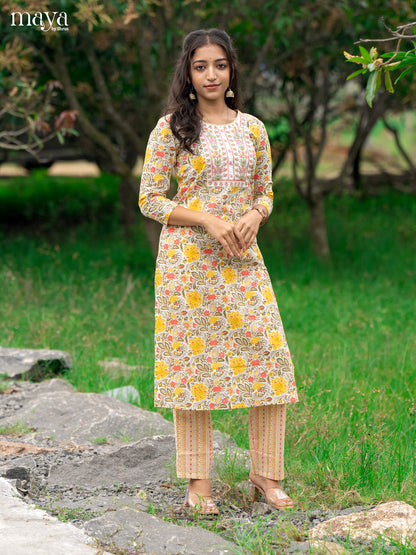 Cream Cotton 2Pc Salwar Suit With Floral Print - Top & Bottom - Shop on Shrus.com