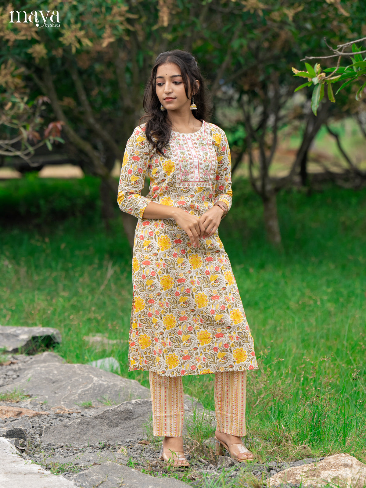 Cream Cotton 2Pc Salwar Suit With Floral Print - Top & Bottom - Shop on Shrus.com