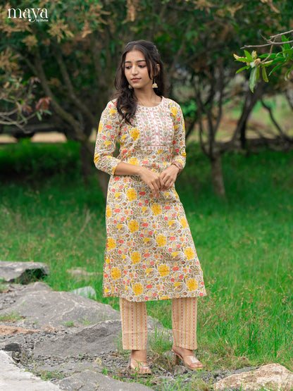 Cream Cotton 2Pc Salwar Suit With Floral Print - Top & Bottom - Shop on Shrus.com