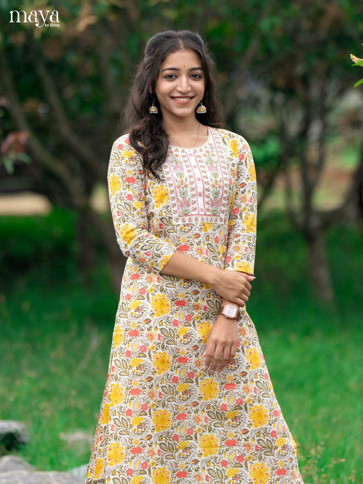 Cream Cotton 2Pc Salwar Suit With Floral Print - Top & Bottom - Shop on Shrus.com
