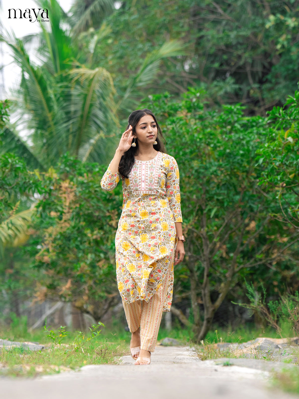 Cream Cotton 2Pc Salwar Suit With Floral Print - Top & Bottom - Shop on Shrus.com