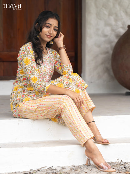 Cream Cotton 2Pc Salwar Suit With Floral Print - Top & Bottom - Shop on Shrus.com
