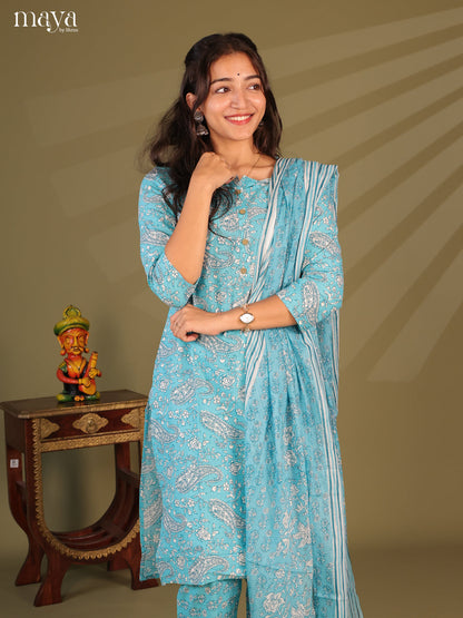 Blue Cotton 3pc Salwar Suit with Floral Print - Top, Bottom & Dupatta - Shop on Shrus.com