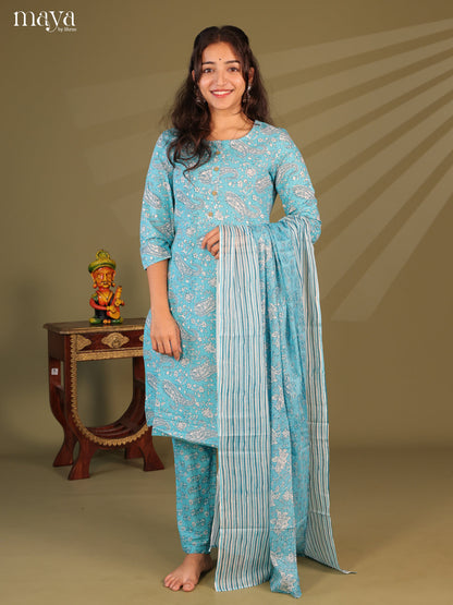 Blue Cotton 3pc Salwar Suit with Floral Print - Top, Bottom & Dupatta - Shop on Shrus.com