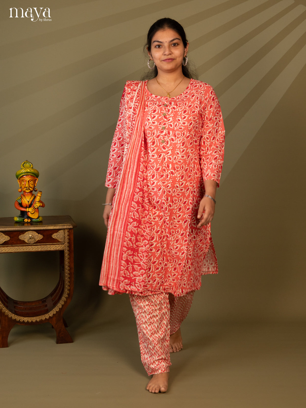 Peach Cotton 3pc Salwar Suit with Floral Print - Top, Bottom & Dupatta - Shop on Shrus.com