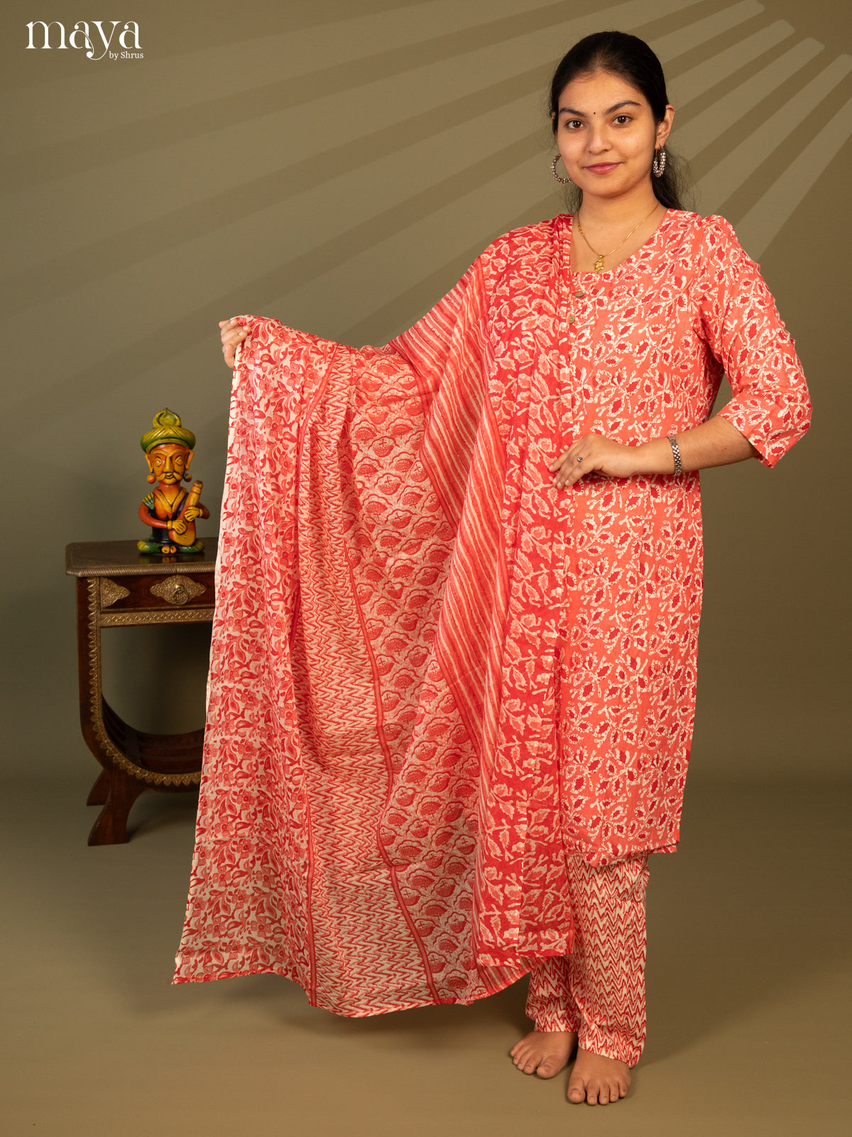 Peach Cotton 3pc Salwar Suit with Floral Print - Top, Bottom & Dupatta - Shop on Shrus.com