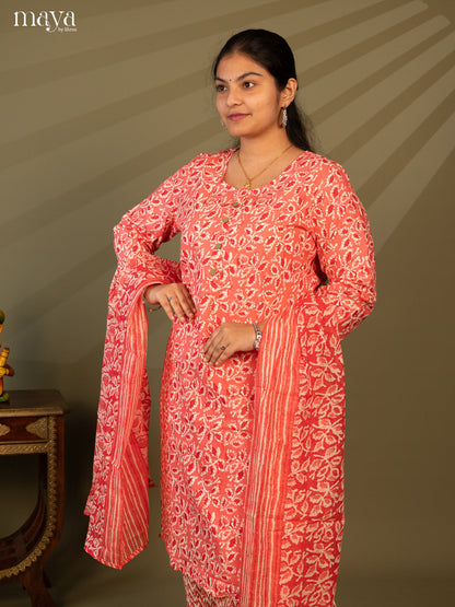Peach Cotton 3pc Salwar Suit with Floral Print - Top, Bottom & Dupatta - Shop on Shrus.com