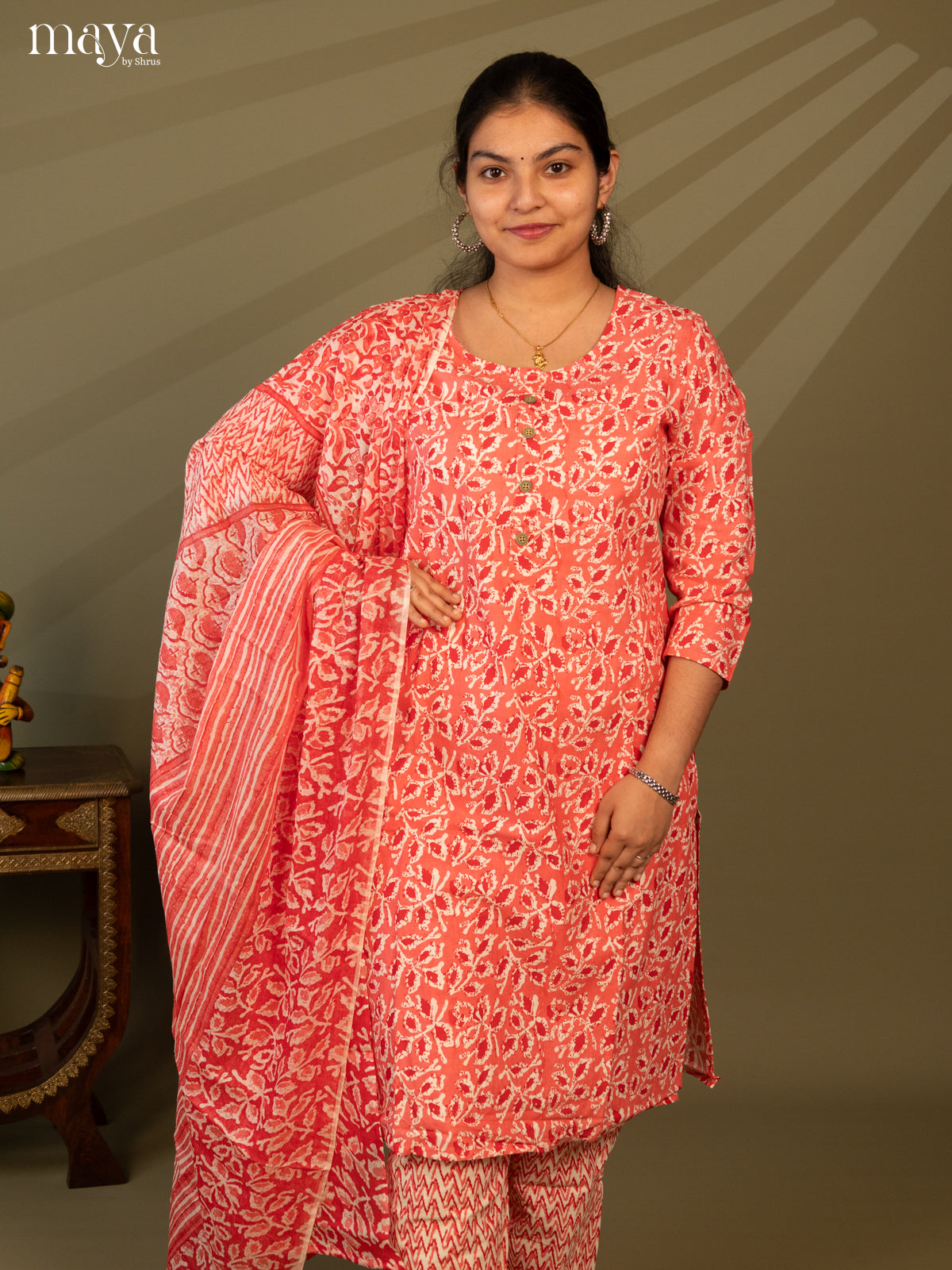 Peach Cotton 3pc Salwar Suit with Floral Print - Top, Bottom & Dupatta - Shop on Shrus.com