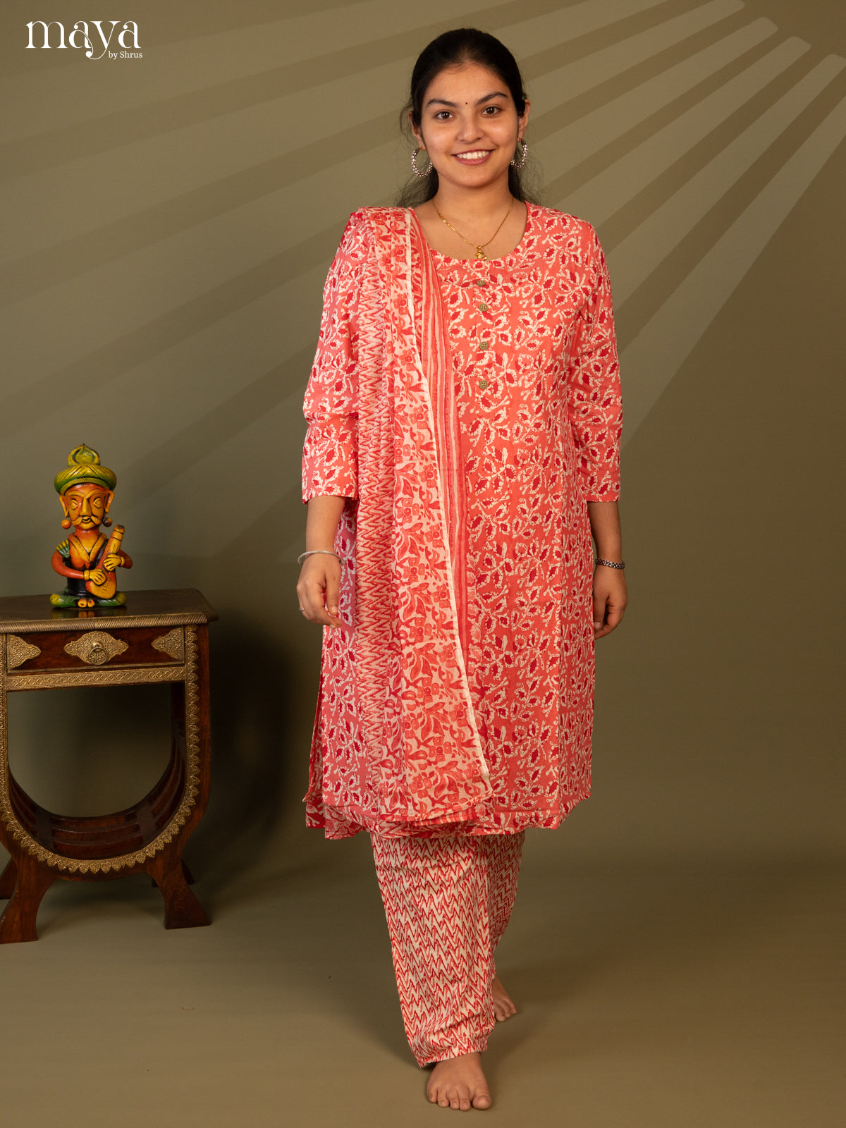 Peach Cotton 3pc Salwar Suit with Floral Print - Top, Bottom & Dupatta - Shop on Shrus.com