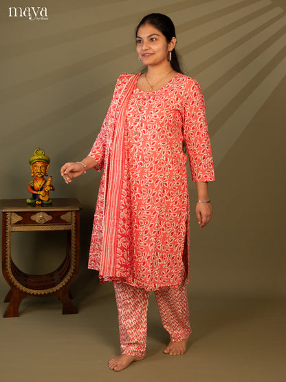 Peach Cotton 3pc Salwar Suit with Floral Print - Top, Bottom & Dupatta - Shop on Shrus.com