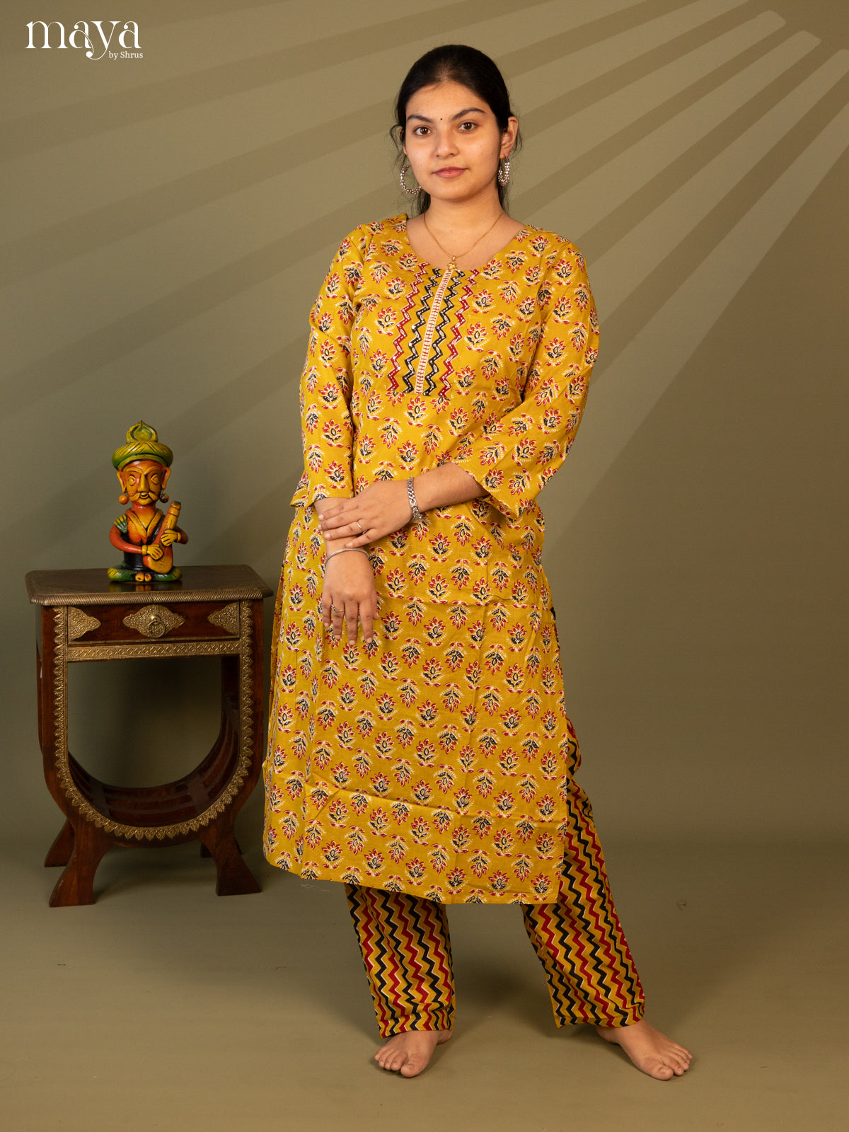 Mustard Cotton 2pc Salwar Suit With Floral Print - Top & Bottom - Shop on Shrus.com