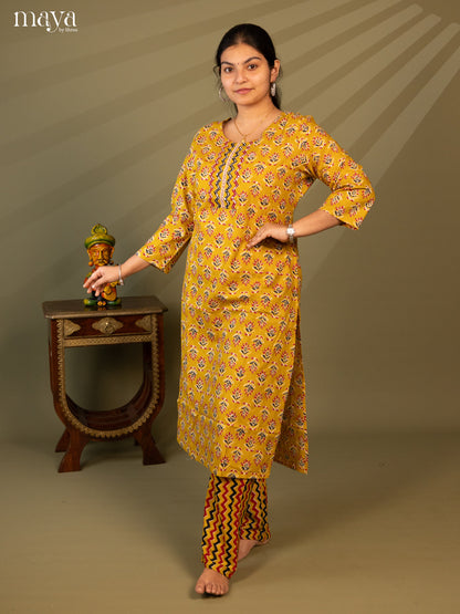 Mustard Cotton 2pc Salwar Suit With Floral Print - Top & Bottom - Shop on Shrus.com
