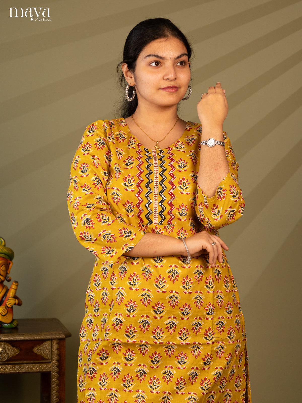 Mustard Cotton 2pc Salwar Suit With Floral Print - Top & Bottom - Shop on Shrus.com