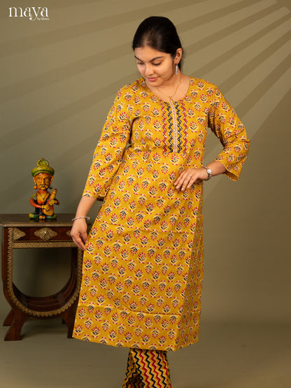 Mustard Cotton 2pc Salwar Suit With Floral Print - Top & Bottom - Shop on Shrus.com
