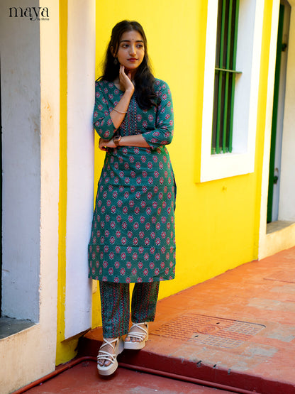 Green Cotton 2Pc Salwar Suit With Floral Print - Top & Bottom - Shop on Shrus.com