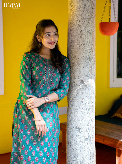 Green Cotton 2Pc Salwar Suit With Floral Print - Top & Bottom - Shop on Shrus.com