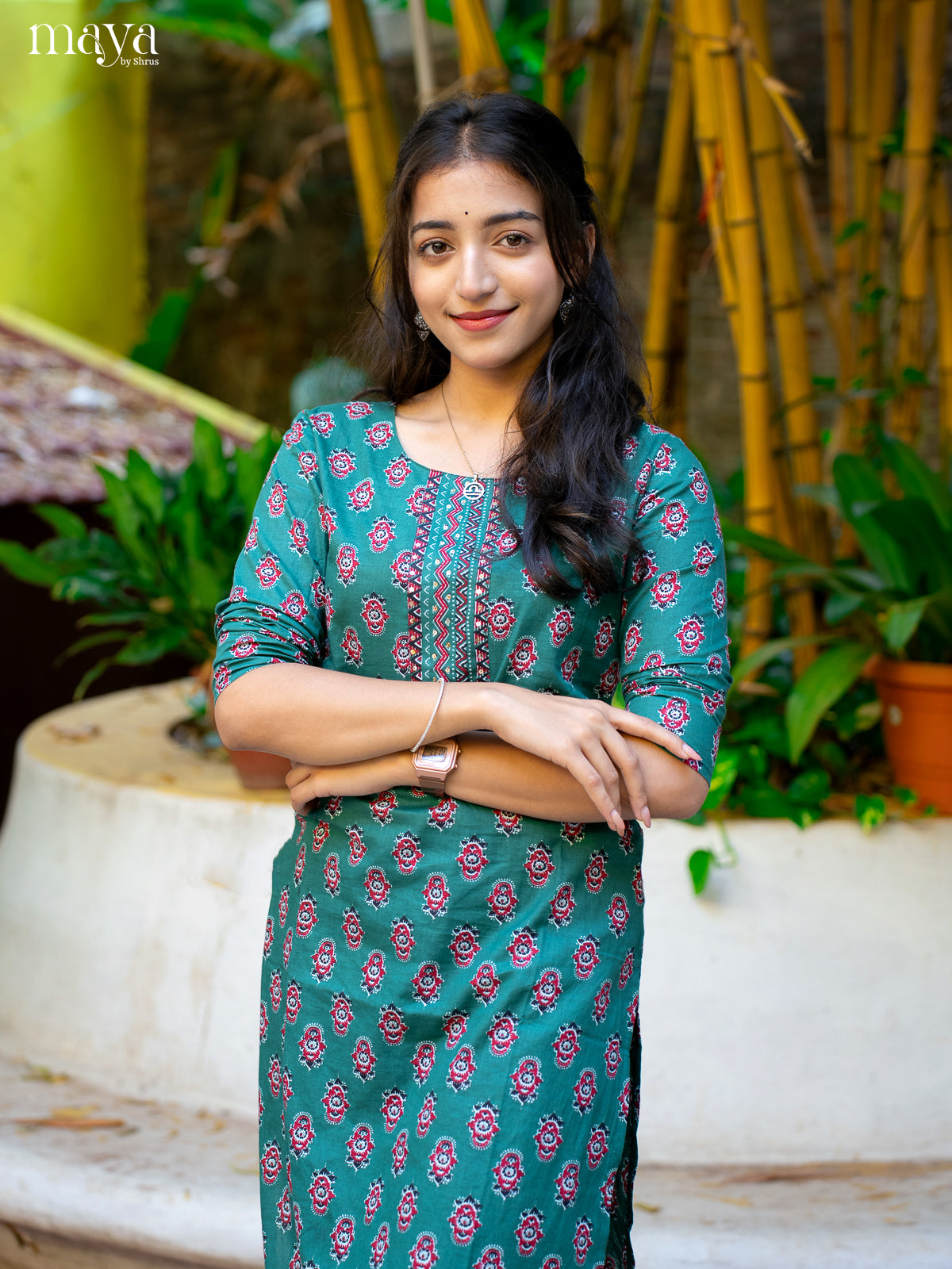 Green Cotton 2Pc Salwar Suit With Floral Print - Top & Bottom - Shop on Shrus.com