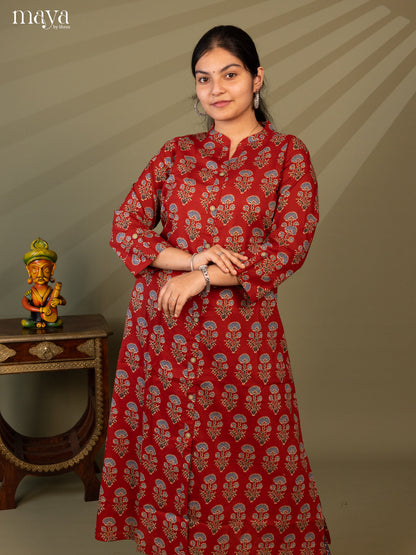 Maroon Cotton 2Pc Salwar Suit With Ajrakh print- Top & Bottom - Shop on Shrus.com