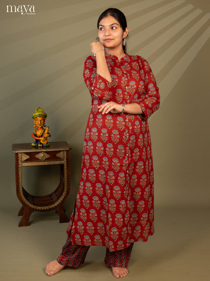 Maroon Cotton 2Pc Salwar Suit With Ajrakh print- Top & Bottom - Shop on Shrus.com