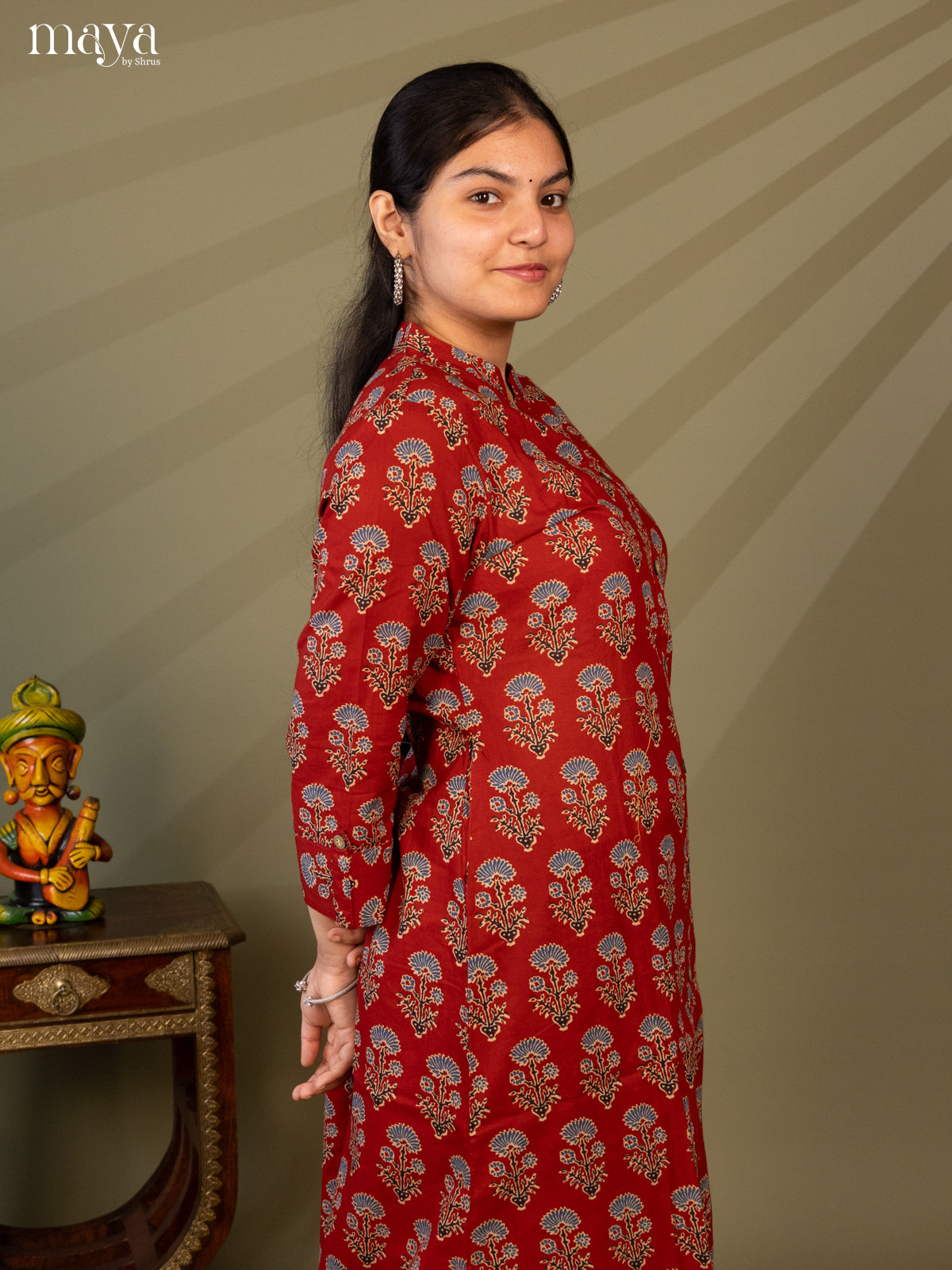 Maroon Cotton 2Pc Salwar Suit With Ajrakh print- Top & Bottom - Shop on Shrus.com