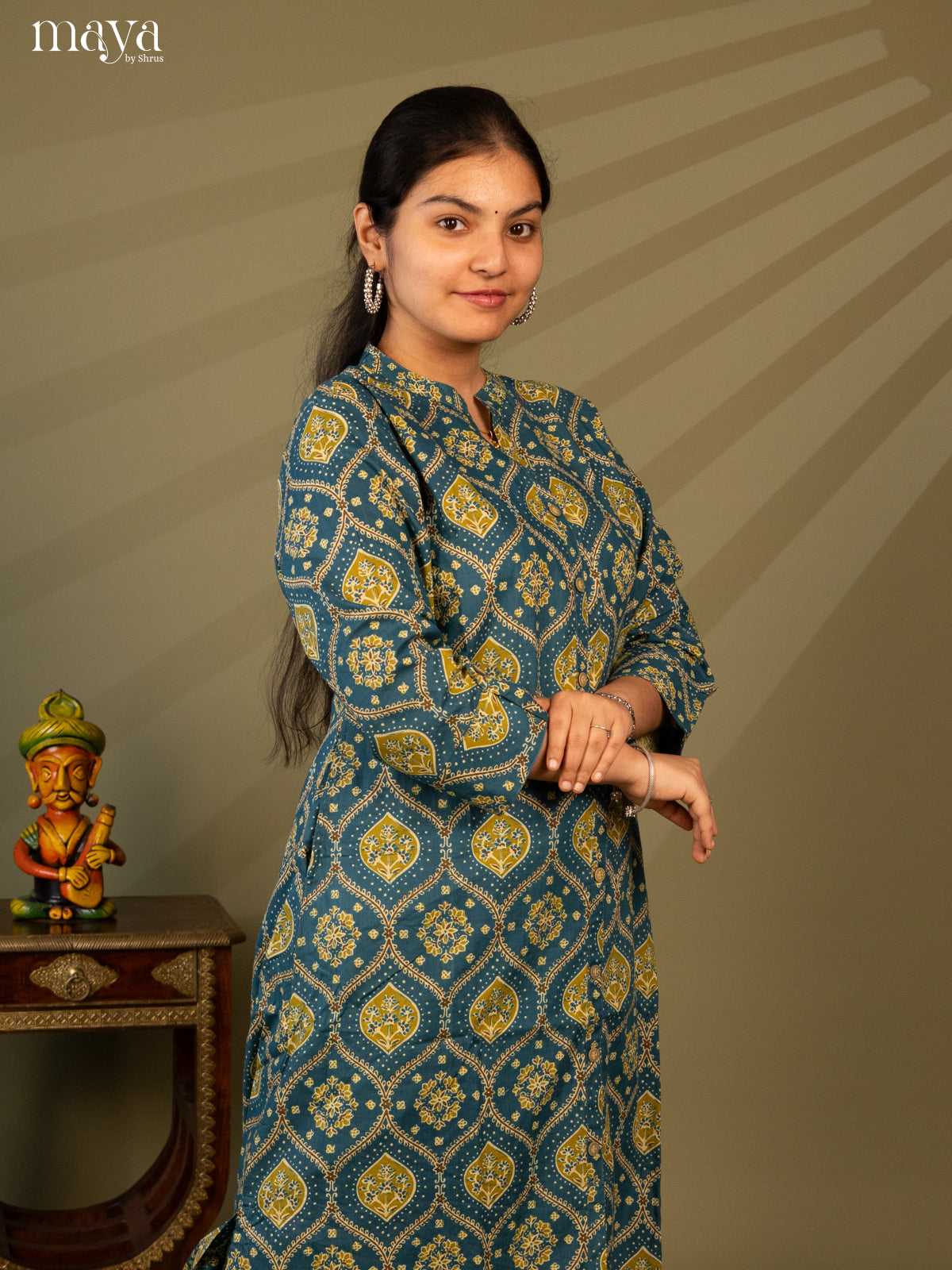 Blue Cotton 2Pc Salwar Suit with Ajrakh print - Top & Bottom - Shop on Shrus.com
