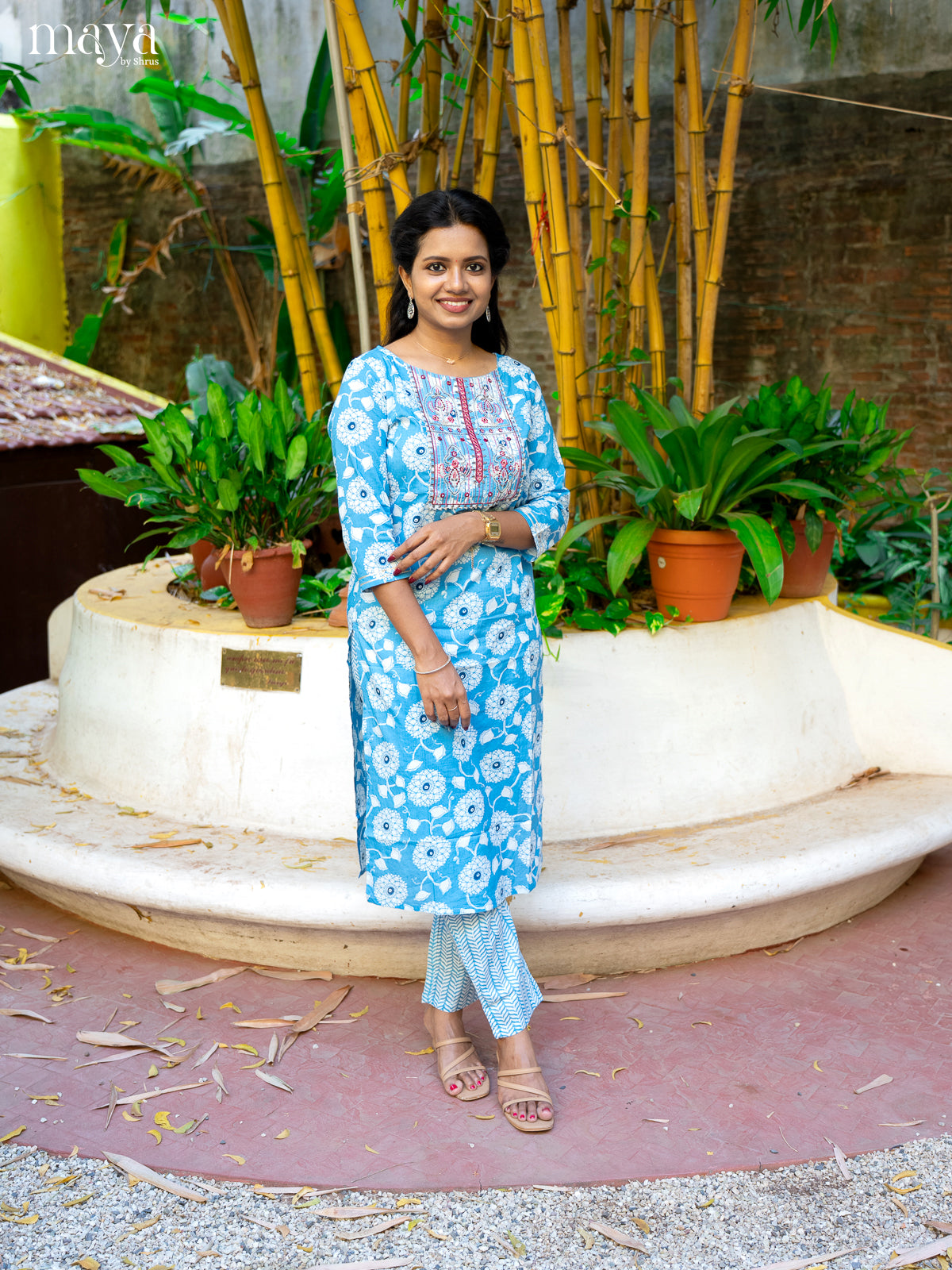 Blue Cotton 2pc Salwar Suit With Floral Print - Top & Bottom - Shop on Shrus.com