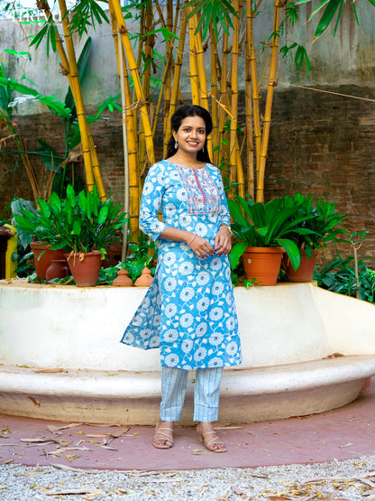 Blue Cotton 2pc Salwar Suit With Floral Print - Top & Bottom - Shop on Shrus.com