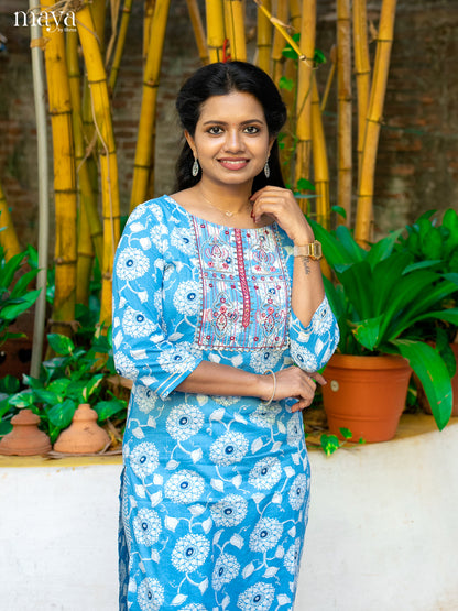 Blue Cotton 2pc Salwar Suit With Floral Print - Top & Bottom - Shop on Shrus.com