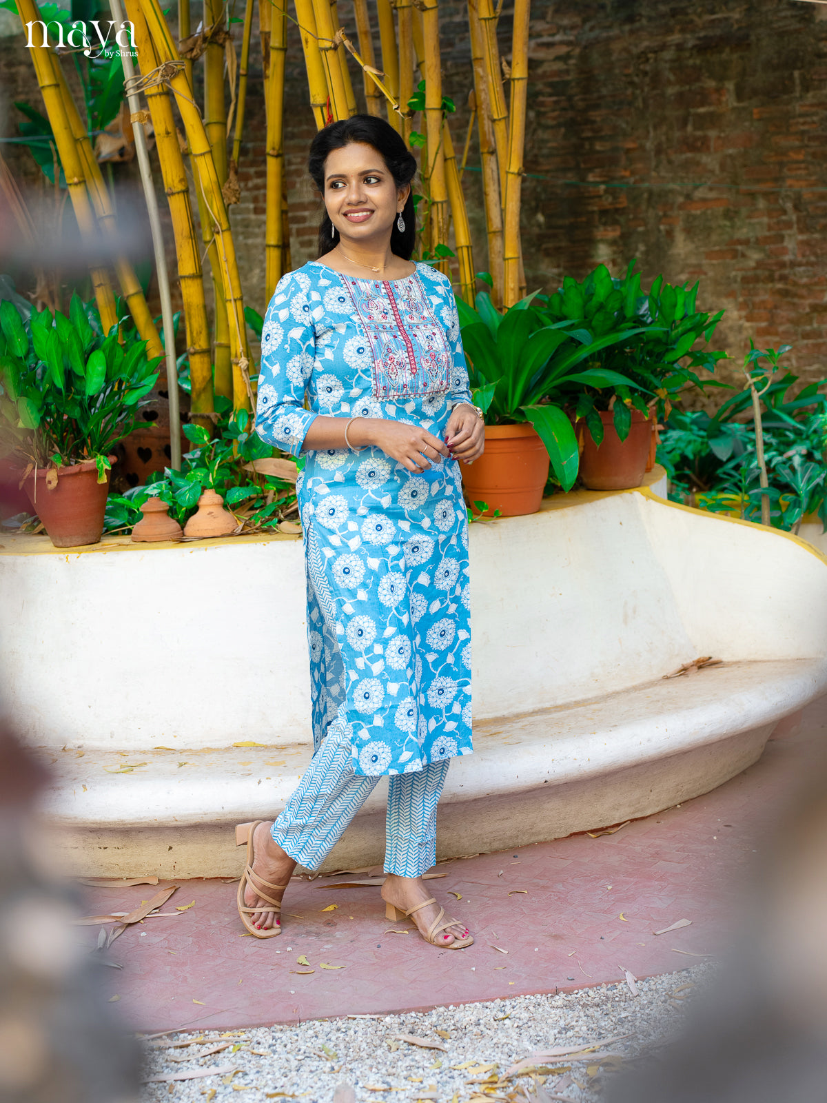 Blue Cotton 2pc Salwar Suit With Floral Print - Top & Bottom - Shop on Shrus.com