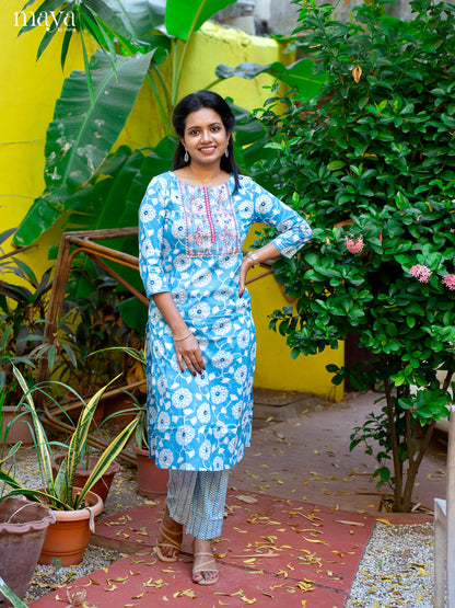 Blue Cotton 2pc Salwar Suit With Floral Print - Top & Bottom - Shop on Shrus.com