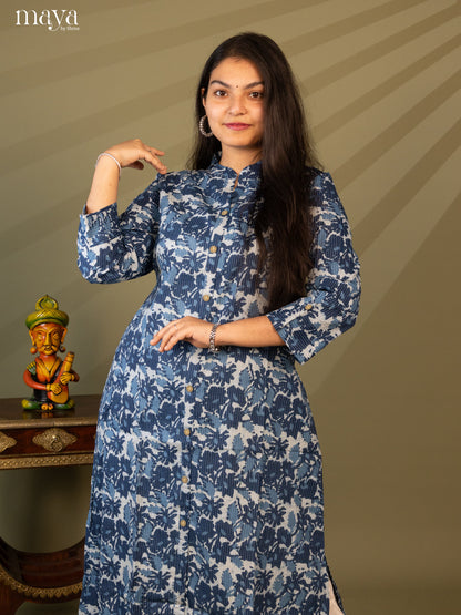 Blue Cotton Floral Print Kurti with Kantha Work - Shop on Shrus.com