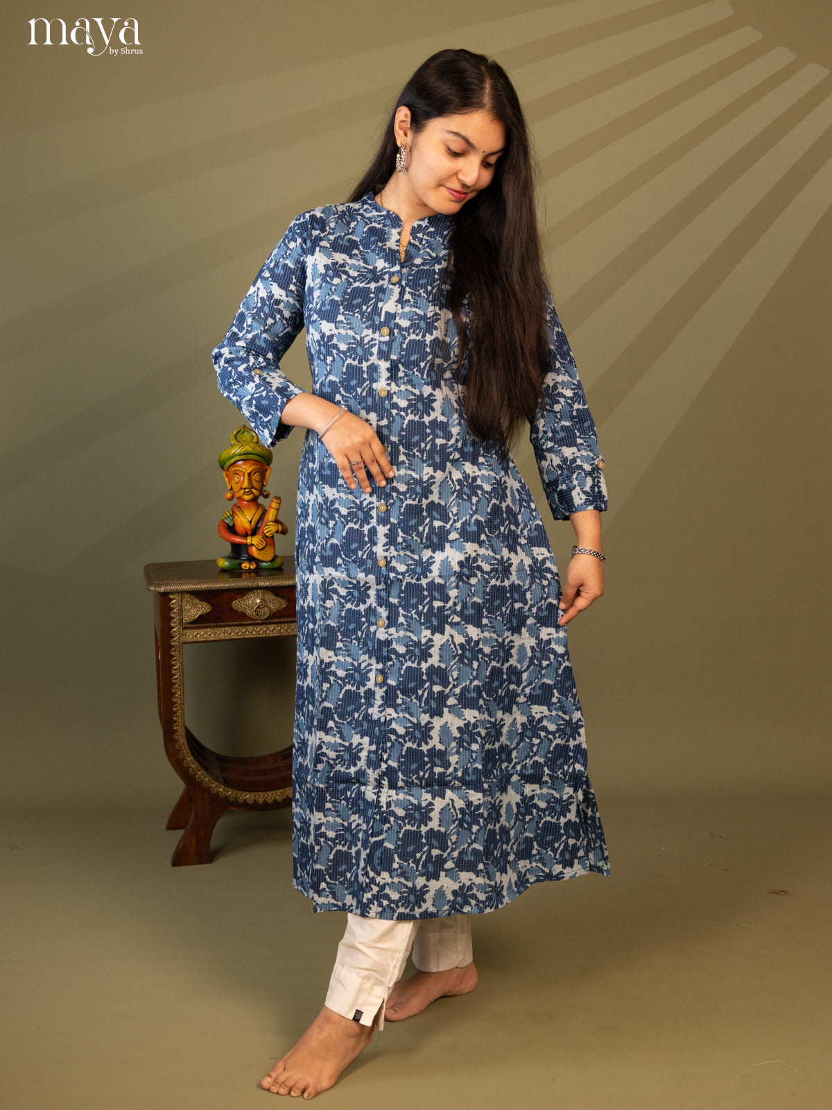 Blue Cotton Floral Print Kurti with Kantha Work - Shop on Shrus.com