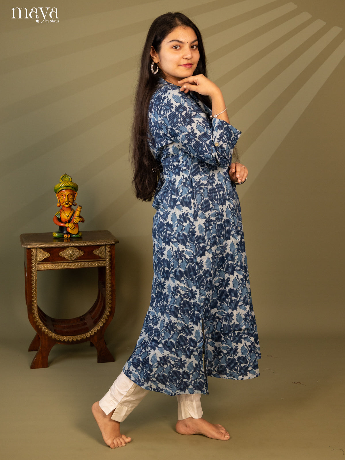 Blue Cotton Floral Print Kurti with Kantha Work - Shop on Shrus.com