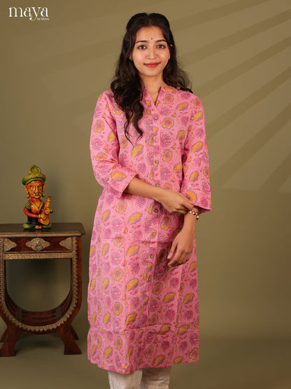 Pink Cotton Floral Print Kurti With Kantha Work - Shop on Shrus.com