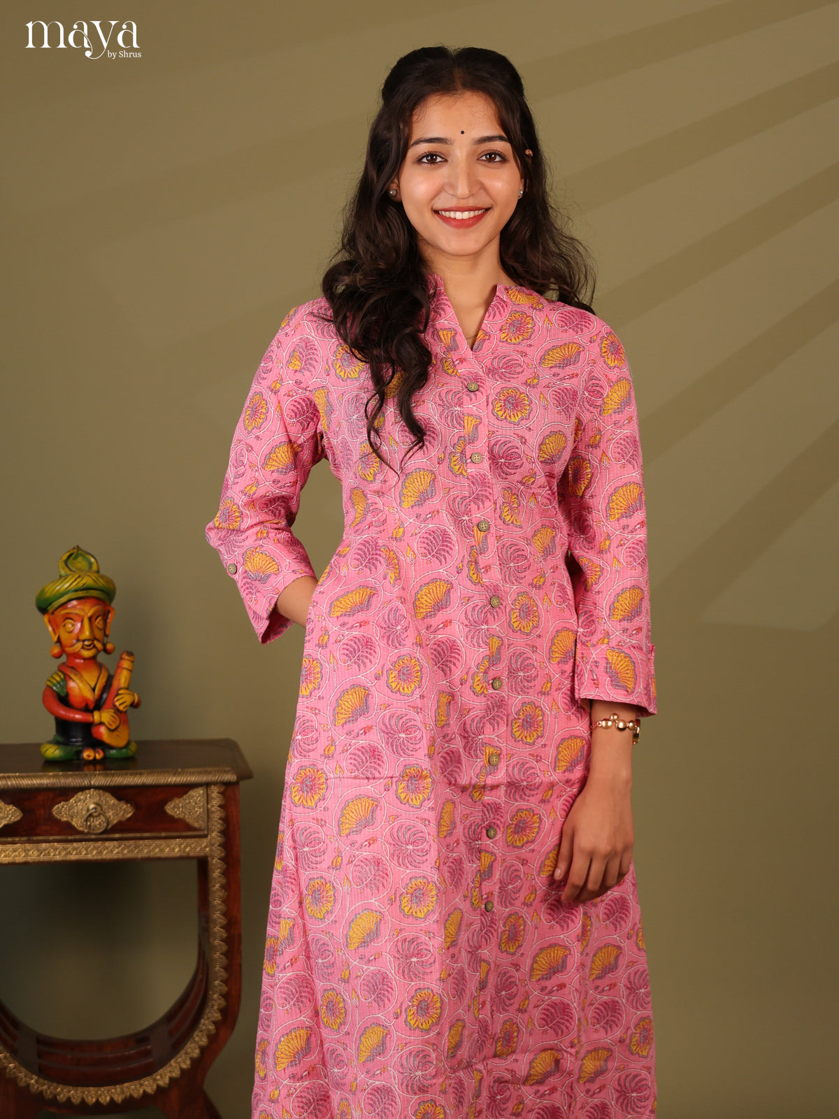 Pink Cotton Floral Print Kurti With Kantha Work - Shop on Shrus.com