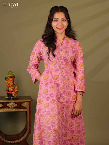 Pink Cotton Floral Print Kurti With Kantha Work - Shop on Shrus.com