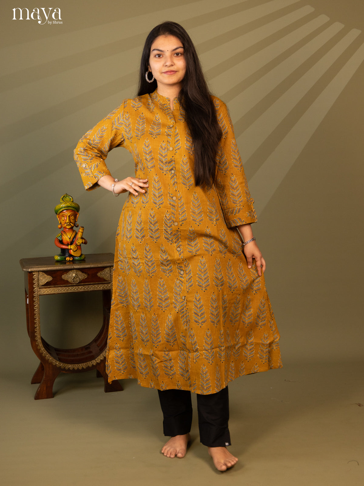 Mustard Cotton Floral Print kurti With Kantha Work - Shop on Shrus.com