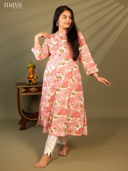 Cream Cotton Floral Print With Kantha Work - Shop on Shrus.com
