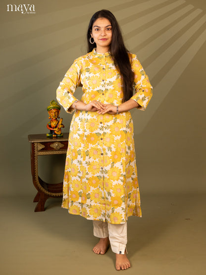 Floral Printed Cream Cotton Kurti - Shop on Shrus.com