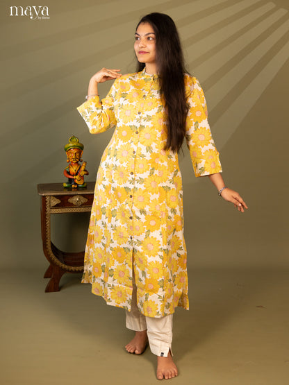 Floral Printed Cream Cotton Kurti - Shop on Shrus.com