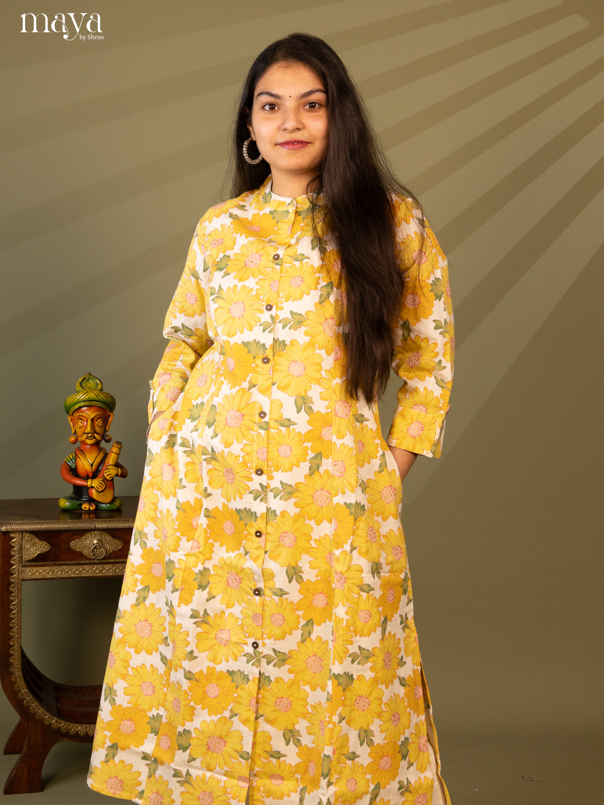 Floral Printed Cream Cotton Kurti - Shop on Shrus.com