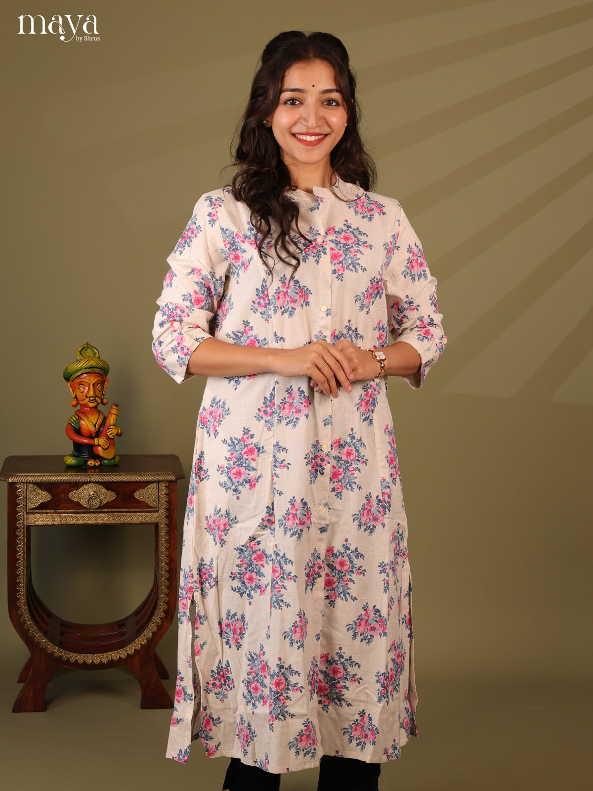 Floral Printed Cream Cotton Kurti - Shop on Shrus.com