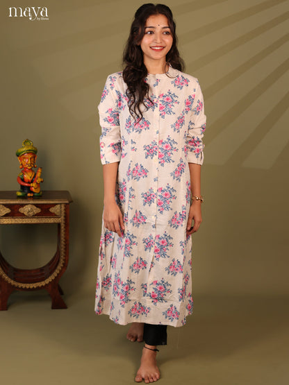 Floral Printed Cream Cotton Kurti - Shop on Shrus.com
